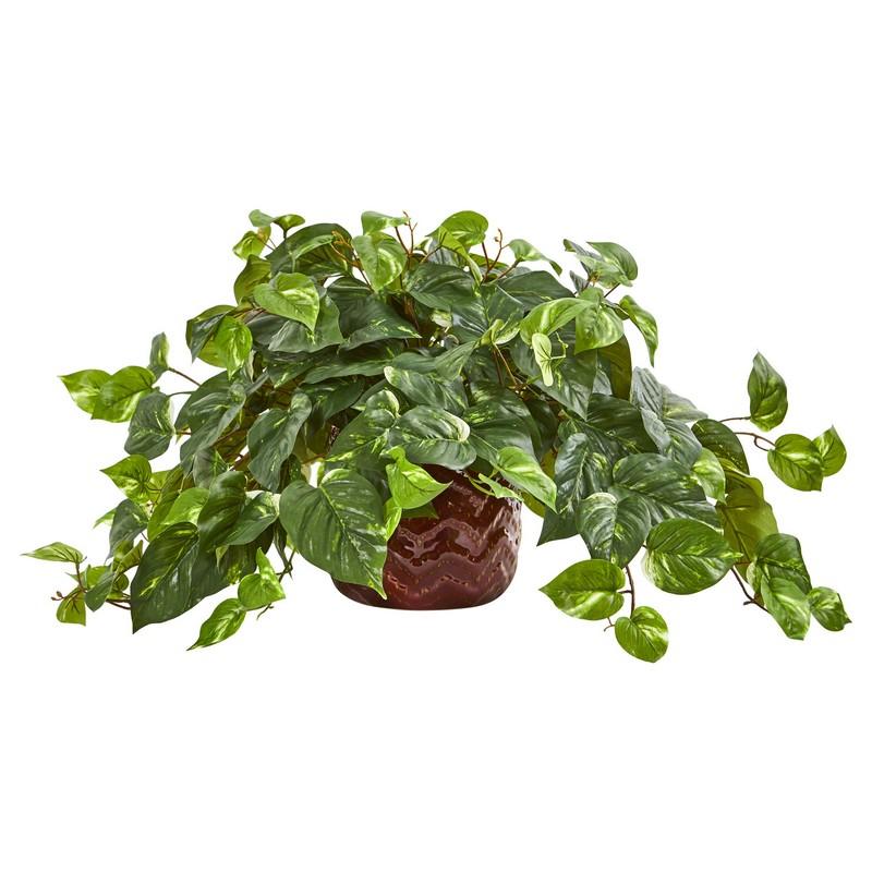 Pothos Artificial Plant in Design Red Vase