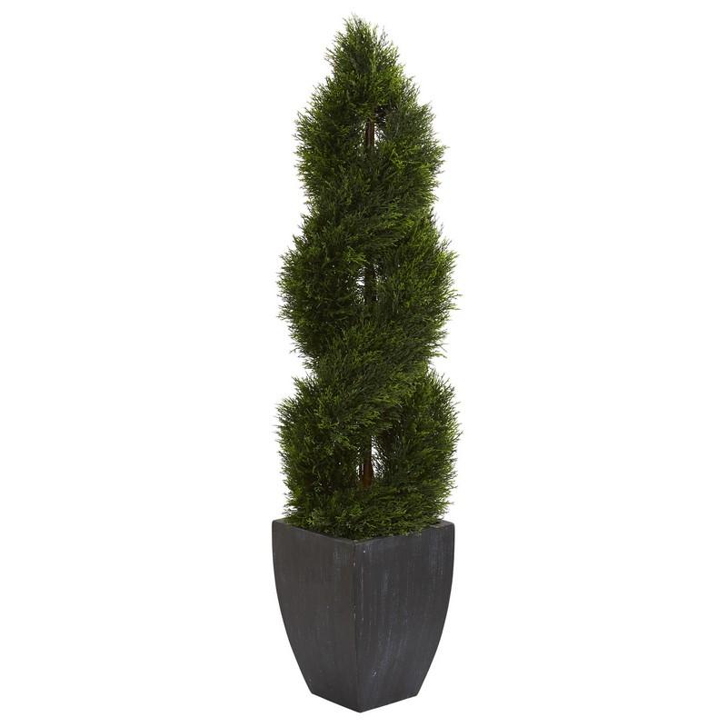 5' Double Pond Cypress Spiral Topiary Artificial Tree in Black Wash Planter