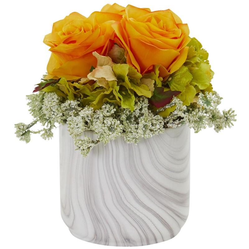 Rose and Hydrangea Artificial Arrangement in Marble Finished Vase