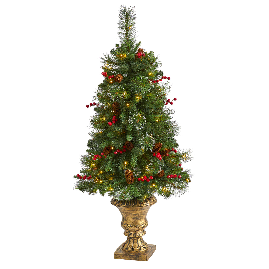 4' Pine, Pinecone & Berries Artificial Christmas Tree w/ 100 Clear LED Lights