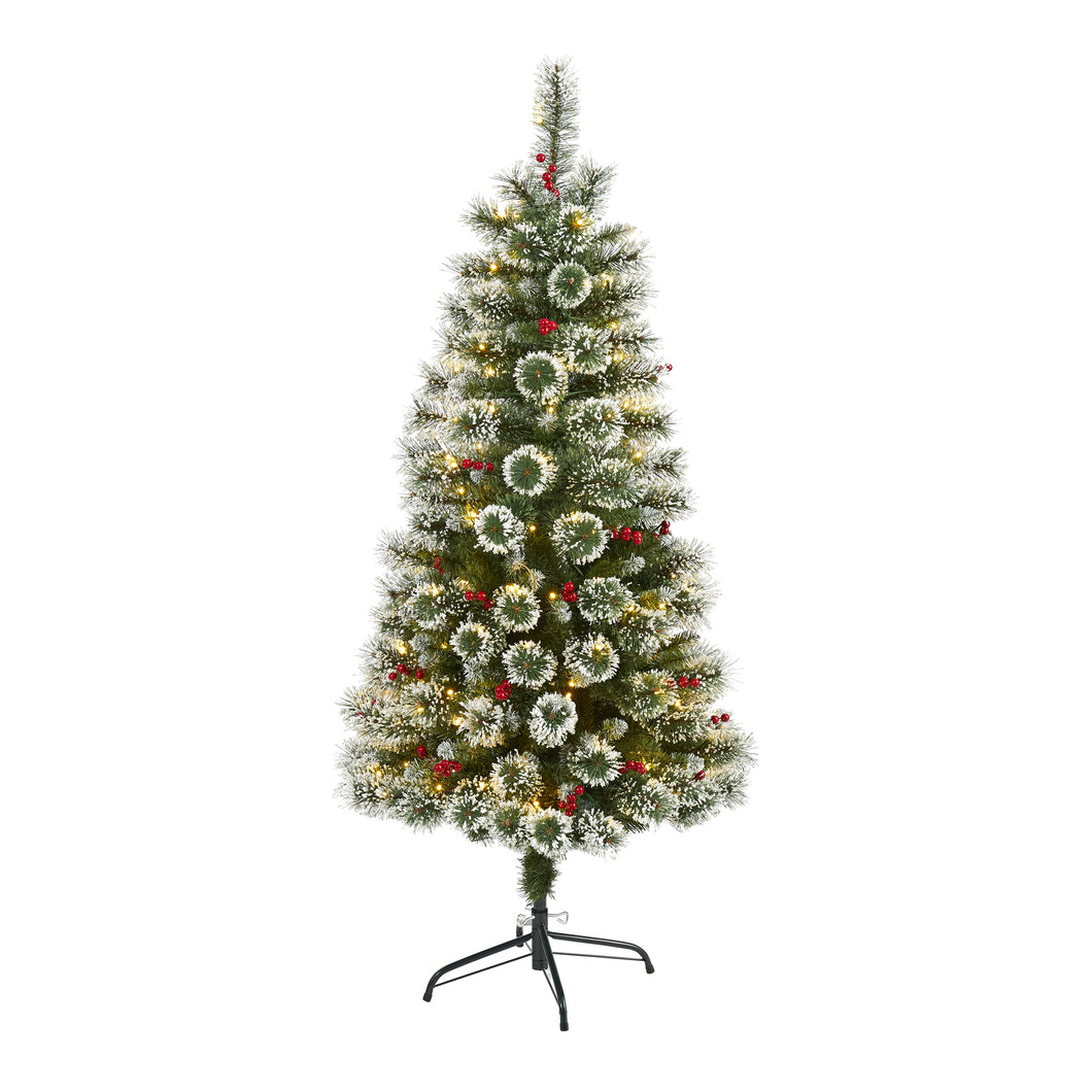 5' Frosted Swiss Pine Artificial Christmas Tree w/ 200 Clear LED Lights & Berrie