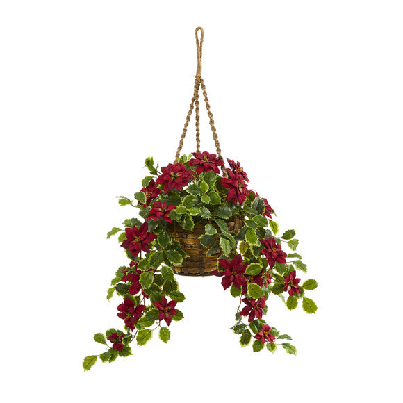 3.5' Poinsettia and Variegated Holly Artificial Plant in Hanging Basket