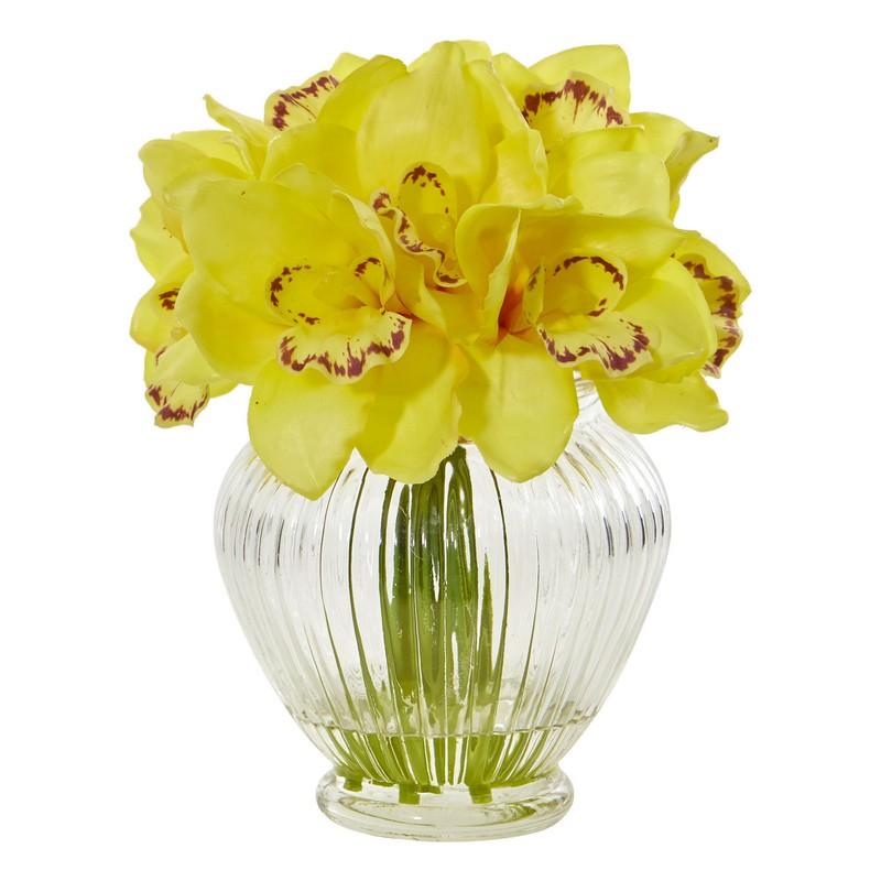 Cymbidium Orchid Artificial Arrangement In Glass Vase 1802-YL By Nearly Natural