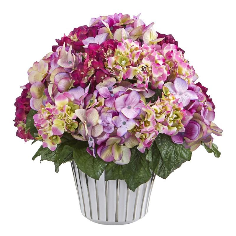 Hydrangea Artificial Arrangement in White Vase Silver Trimming