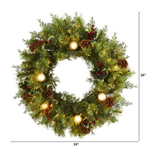Load image into Gallery viewer, 24&quot; Christmas Artificial Wreath with 50 White Warm Lights, 7 Globe Bulbs
