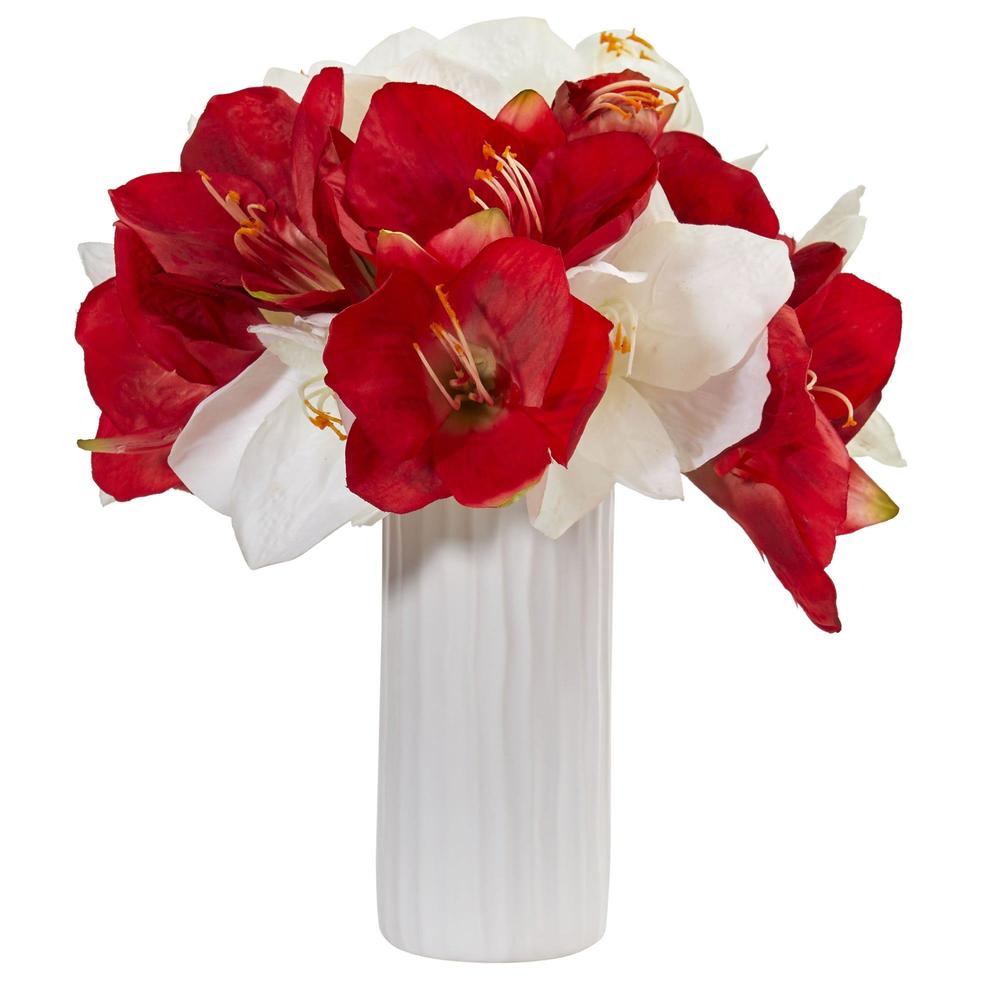 Nearly Natural Amaryllis Artificial Arrangement In White Vase 1860-AS