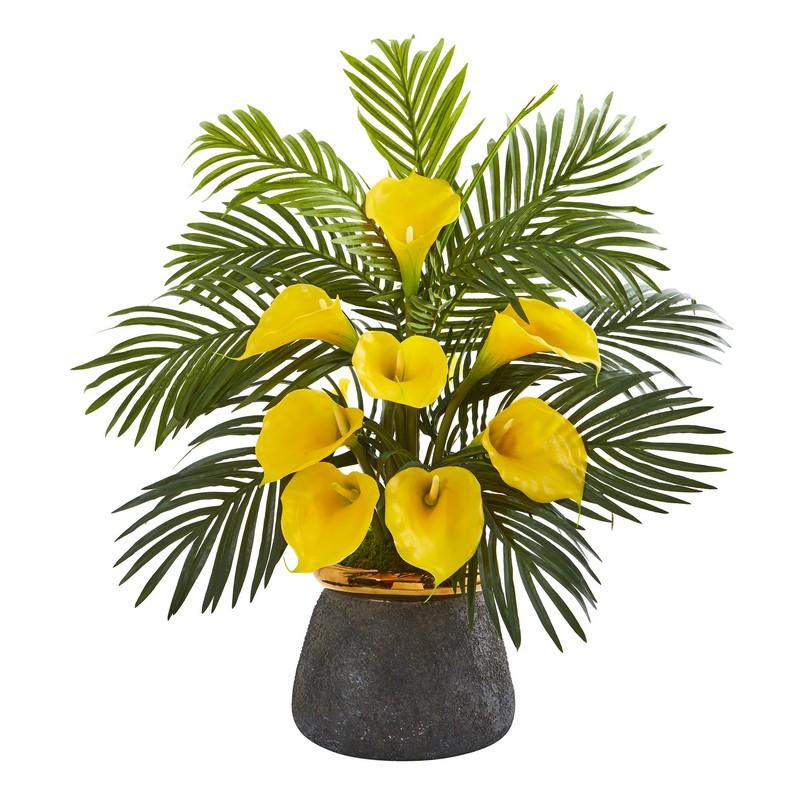 Calla Lilly and Areca Palm Artificial Arrangement in Stoneware Vase
