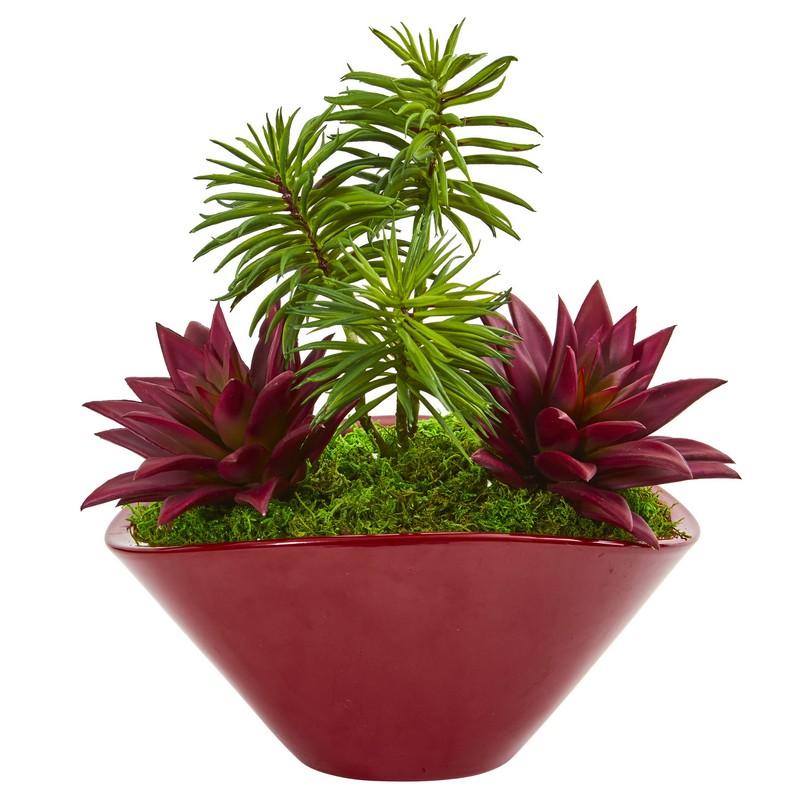 Succulent Garden Artificial Plant in Burgundy Vase