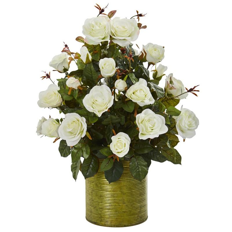 Garden Rose Artificial Arrangement in Metal Planter