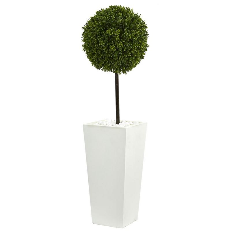 3.5' Boxwood Ball Topiary Artificial Tree in White Tower Planter UV Resistant