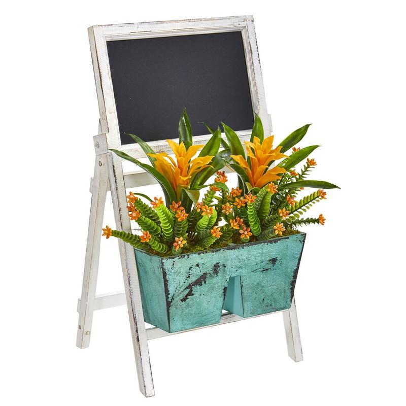 26' Bromeliad and Succulent Artificial Plant in Farmhouse Stand with Chalkboard