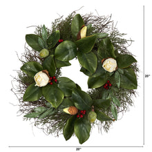 Load image into Gallery viewer, 20&quot; Cedar, Ruscus and Magnolia with Berries Artificial Wreath
