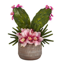 Load image into Gallery viewer, 18&quot; Cymbidium Orchid and Cactus Artificial Arrangement in Stoneware Vase
