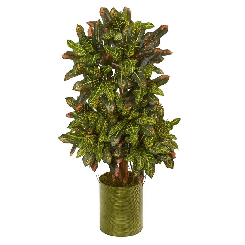3.5' Croton Artificial Plant in Green Tin Planter