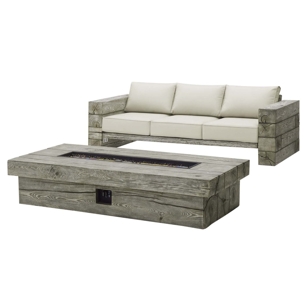 Manteo Rustic Coastal Outdoor Patio Sunbrella¨ Sofa and Fire Pit Set by Modway