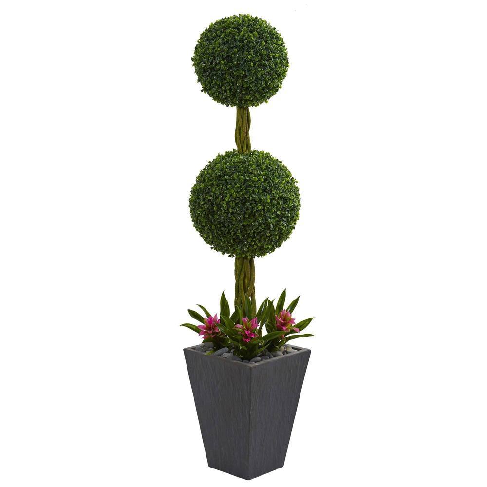 5' Double Boxwood Ball Topiary Artificial Tree in Slate Planter UV Resistant