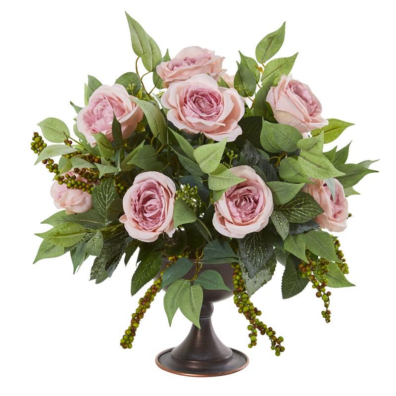 Roses and Mix Greens Artificial Arrangement in Metal Chalice