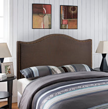 Load image into Gallery viewer, Curl Nailhead Upholstered Queen Headboard in Dark Brown

