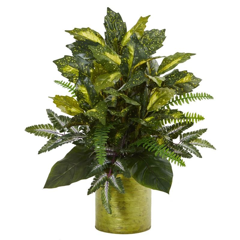 Mixed Greens in Green Tin Planter Artificial Plant