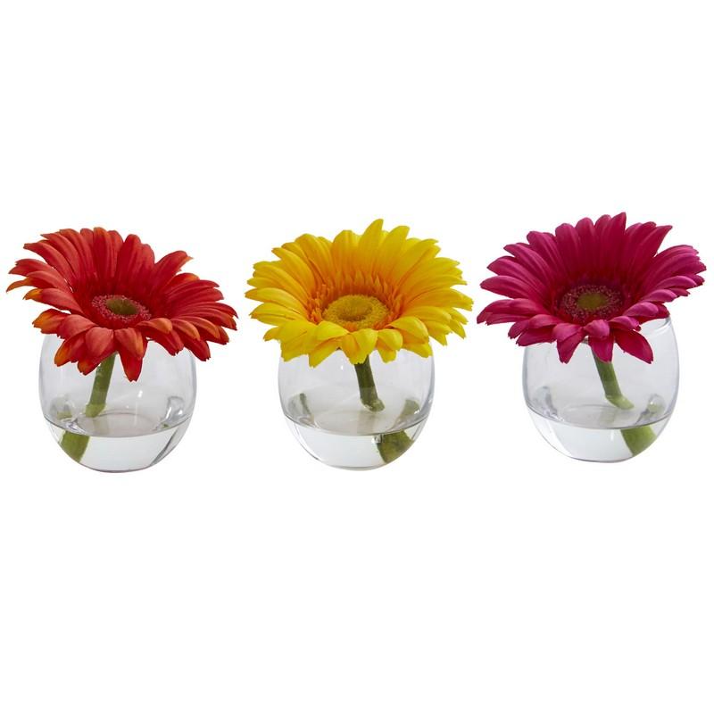 Gerbera Daisy Artificial Arrangement in Glass Vase (Set of 3)