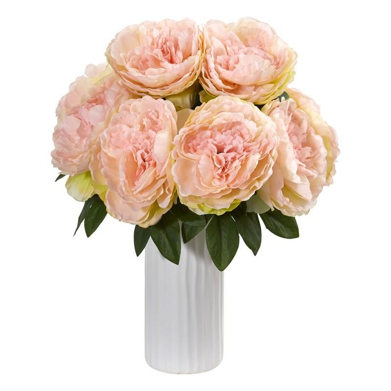 Peony Artificial Arrangement In White Vase 1862-PK By Nearly Natural