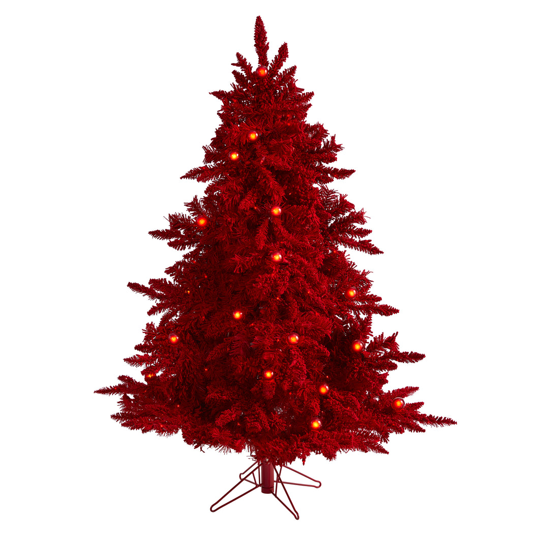 5' Red Flocked Fraser Fir Artificial Christmas Tree w/ 250 Red Lights