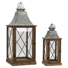 Load image into Gallery viewer, Rustic Wood Lantern with Galvanized Metal Lid (Set of 2)
