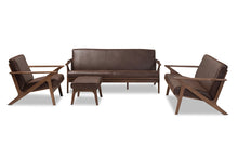 Load image into Gallery viewer, Baxton Studio Bianca Mid-Century Modern Walnut Wood Dark Brown Distressed Faux Leather Livingroom Sofa Set

