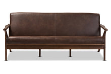 Load image into Gallery viewer, Baxton Studio Bianca Mid-Century Modern Walnut Wood Dark Brown Distressed Faux Leather 3-Seater Sofa
