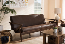 Load image into Gallery viewer, Baxton Studio Bianca Mid-Century Modern Walnut Wood Dark Brown Distressed Faux Leather 3-Seater Sofa
