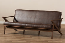 Load image into Gallery viewer, Baxton Studio Bianca Mid-Century Modern Walnut Wood Dark Brown Distressed Faux Leather 3-Seater Sofa
