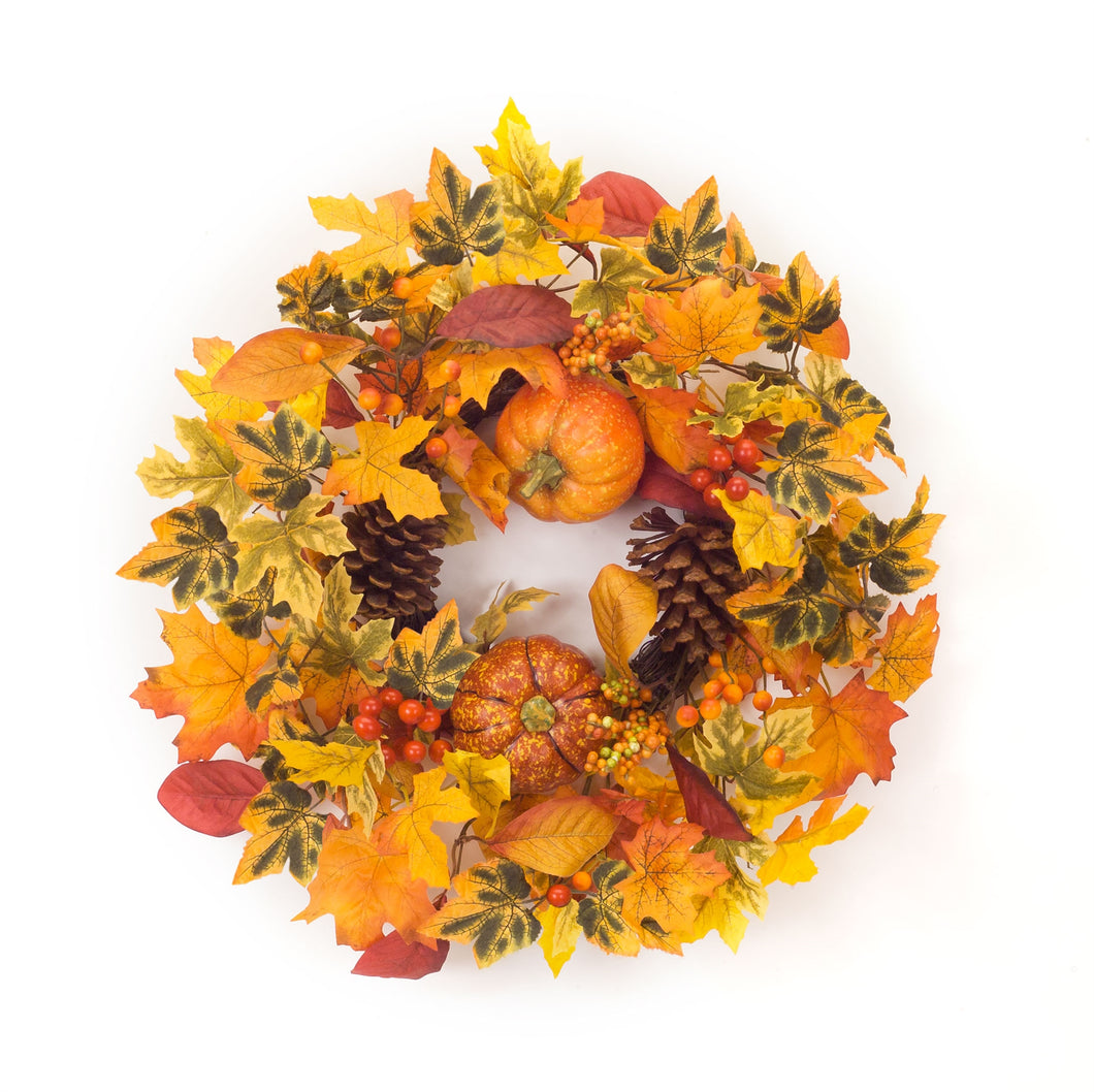 Harvest Foliage Candle Ring with Pumpkin and Pinecone Accents 20.5