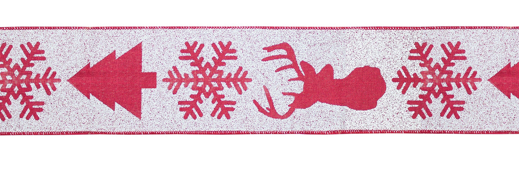 Red and White Deer and Tree Wired Ribbon (Set of 2)