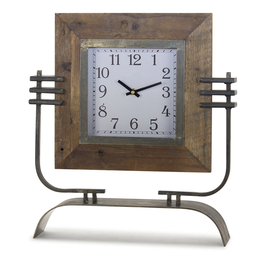Wood Square Clock on Rustic Metal Stand 17.5