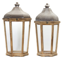 Load image into Gallery viewer, Tapered Wooden Floor Lantern with Rustic Metal Lid (Set of 2)
