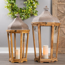 Load image into Gallery viewer, Tapered Wooden Floor Lantern with Rustic Metal Lid (Set of 2)
