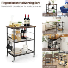 Load image into Gallery viewer, 3-Tier Kitchen Serving Cart Utility Standing Microwave Rack with Hooks Brown
