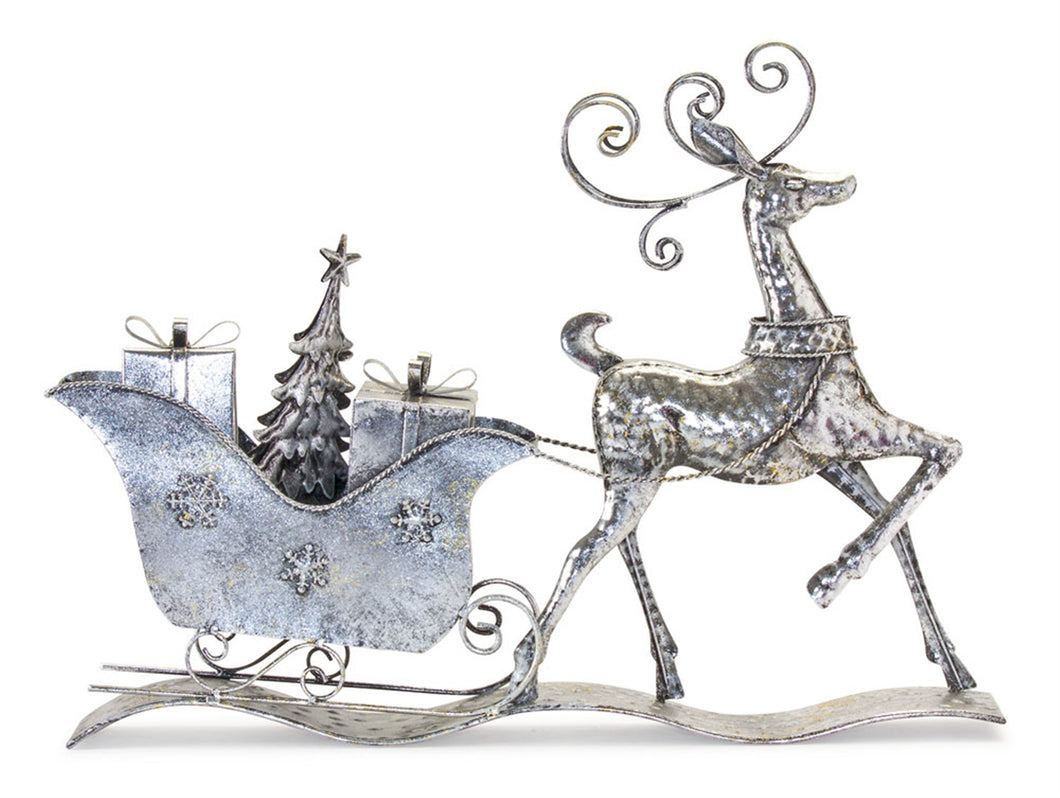 Silver Hammered Metal Deer with Sleigh and Presents Display 26.5