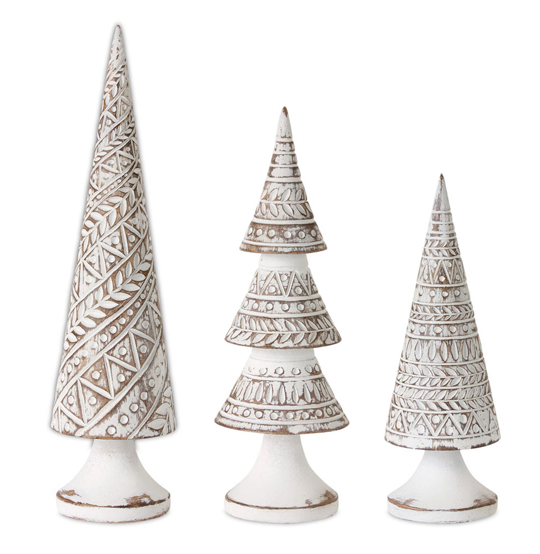 Geometric White Washed Wood Design Holiday Tree DŽcor (Set of 3)