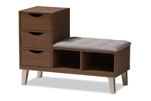 Load image into Gallery viewer, Baxton Studio Arielle Modern and Contemporary Walnut Wood 3-Drawer Shoe Storage Grey Fabric Upholstered Seating Bench with Two Open Shelves
