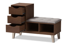 Load image into Gallery viewer, Baxton Studio Arielle Modern and Contemporary Walnut Wood 3-Drawer Shoe Storage Grey Fabric Upholstered Seating Bench with Two Open Shelves
