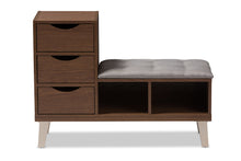 Load image into Gallery viewer, Baxton Studio Arielle Modern and Contemporary Walnut Wood 3-Drawer Shoe Storage Grey Fabric Upholstered Seating Bench with Two Open Shelves
