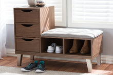 Load image into Gallery viewer, Baxton Studio Arielle Modern and Contemporary Walnut Wood 3-Drawer Shoe Storage Grey Fabric Upholstered Seating Bench with Two Open Shelves
