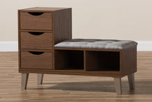 Load image into Gallery viewer, Baxton Studio Arielle Modern and Contemporary Walnut Wood 3-Drawer Shoe Storage Grey Fabric Upholstered Seating Bench with Two Open Shelves
