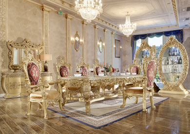A luxurious 9-piece dining table set with metallic bright gold finish and ornate design, displayed in an opulent room with rich gold furnishings.