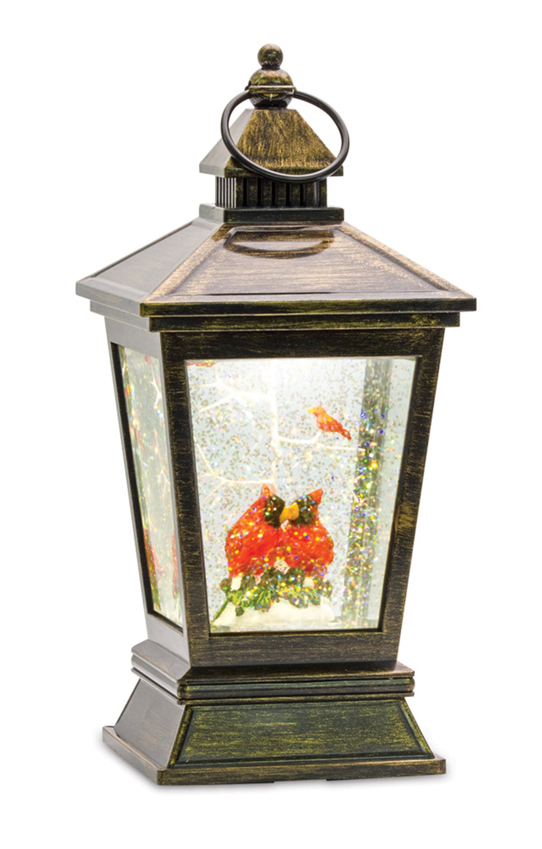LED Snow Globe Lantern with Cardinal Bird Couple 10.5
