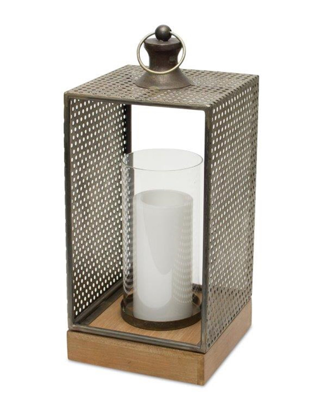 Punched Metal Candle Holder with Wooden Base 17.25