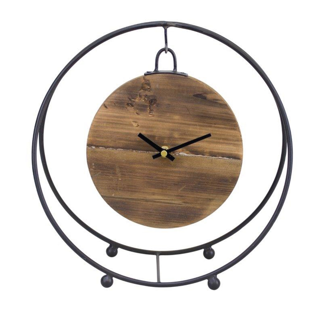 Natural Wooden Hanging Clock in Round Metal Stand 11.5