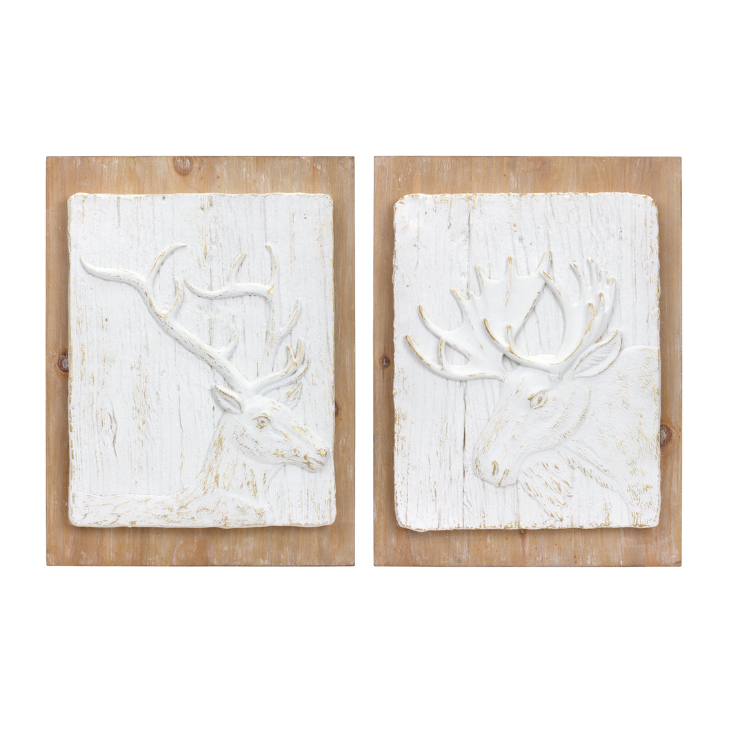 White Washed Wood Design Deer and Moose Wall DŽcor (Set of 2)