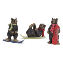 Load image into Gallery viewer, Black Bear Figurine with Snow Board Accent (Set of 3)
